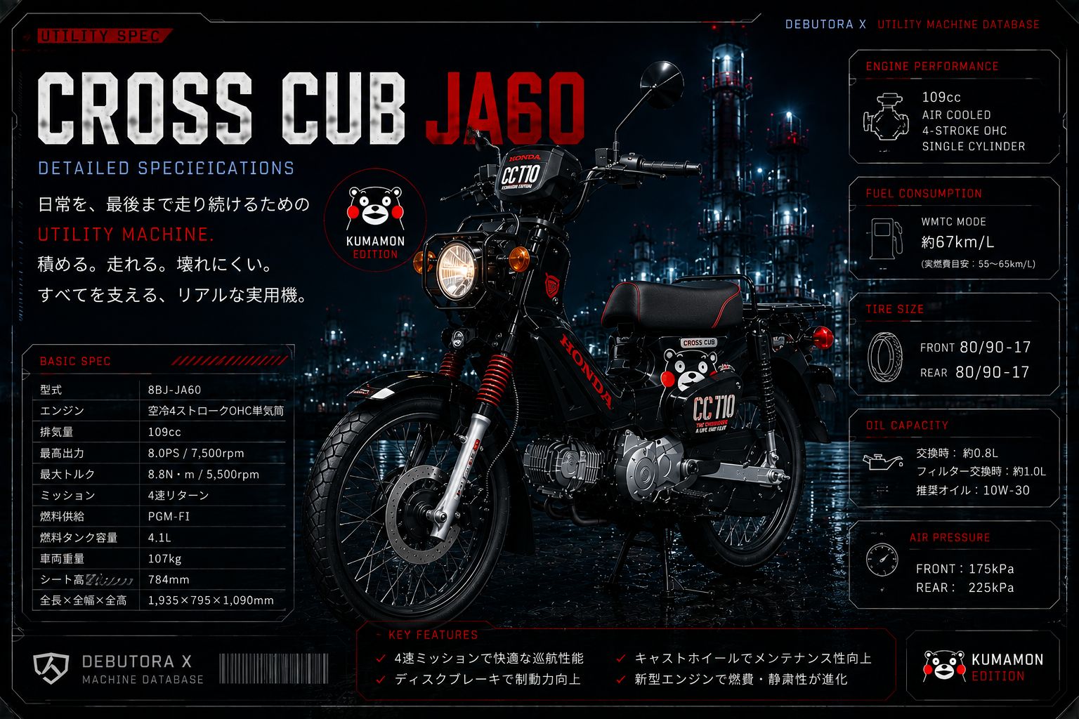 クロスカブ JA60 スペック一覧｜最高出力・燃費・タイヤサイズ・空気圧