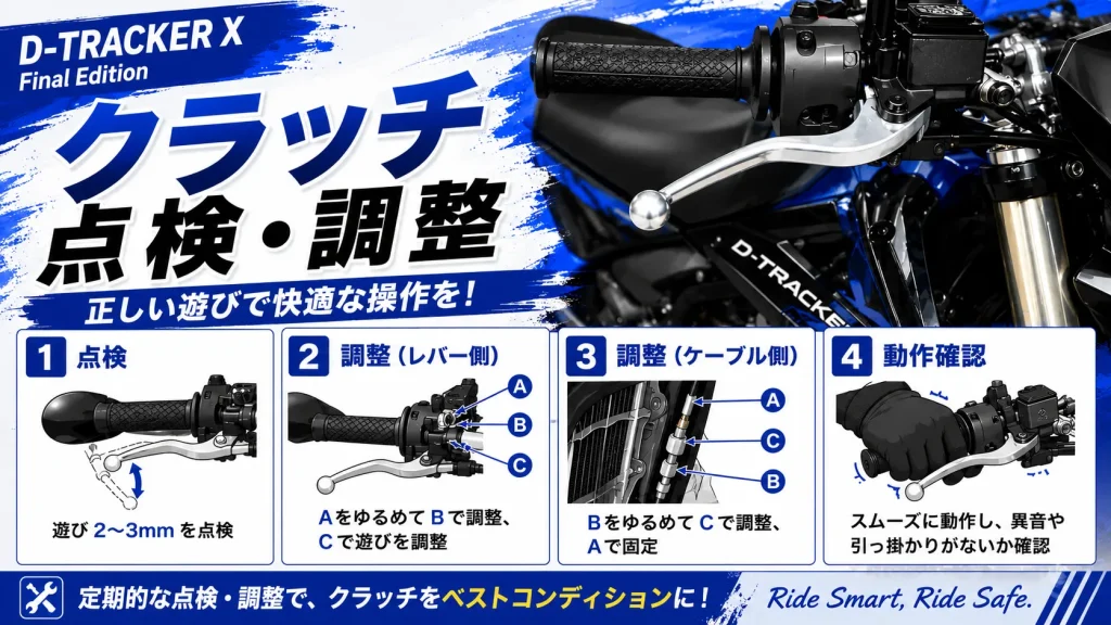 D-TRACKER Xのクラッチレバー遊び点検と調整方法を解説した4ステップガイド