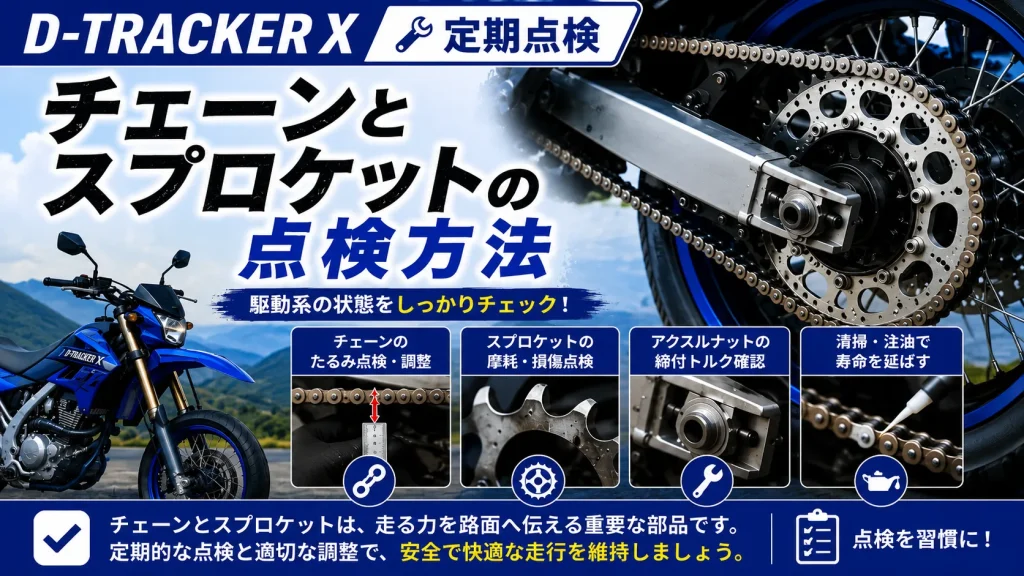 D-TRACKER Xのチェーンたるみ点検、スプロケット摩耗点検、調整方法を解説する定期点検アイキャッチ画像