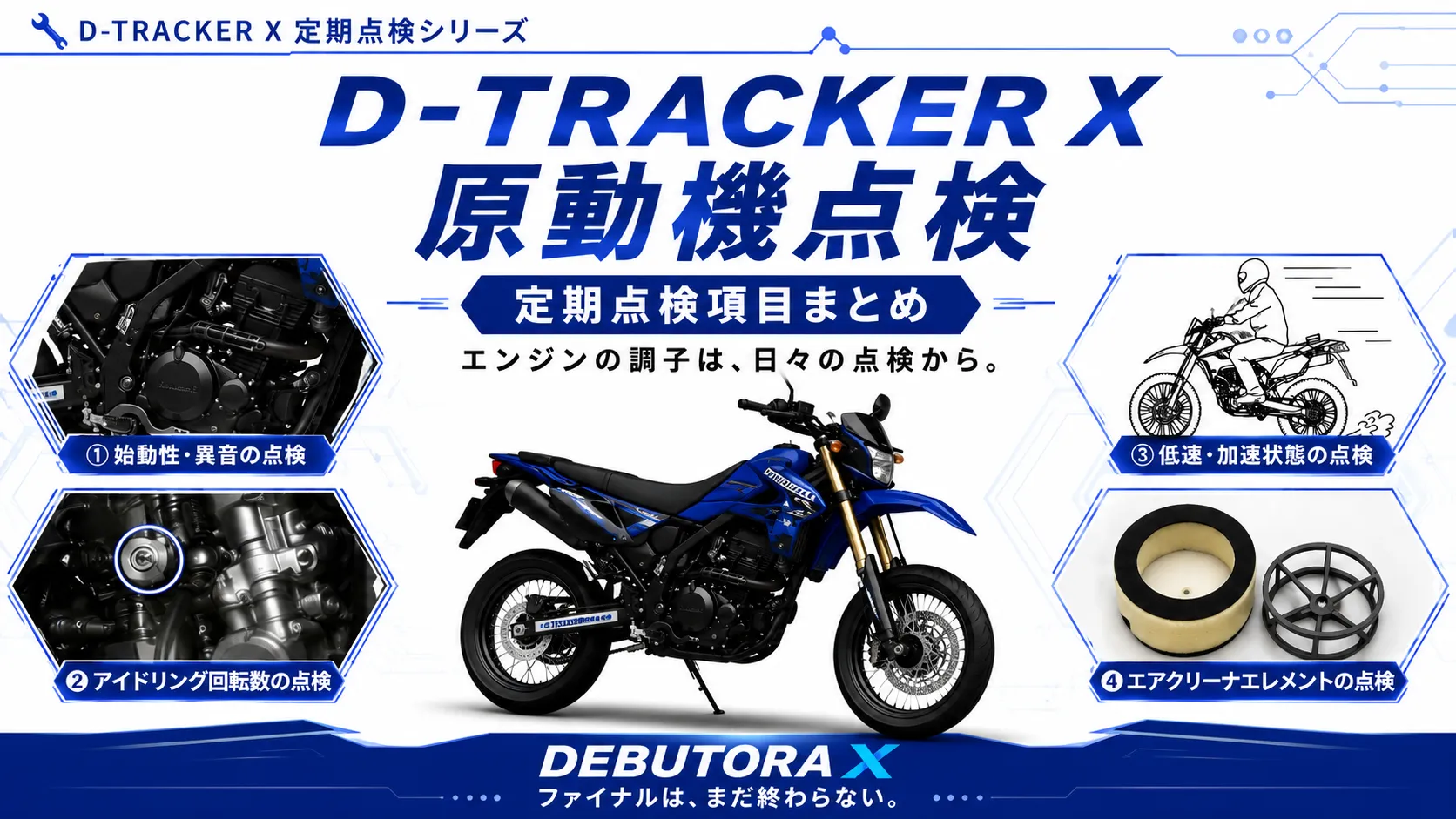 D-TRACKER Xのエンジン点検方法をまとめたアイキャッチ画像。始動性やアイドリング回転数、加速状態、エアクリーナエレメントなど、原動機の定期点検項目を紹介。